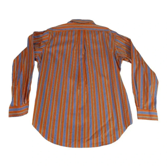 Ralph Lauren Polo Shirt Large Orange Blue Striped Classic Preppy Dress - Picture 3 of 5